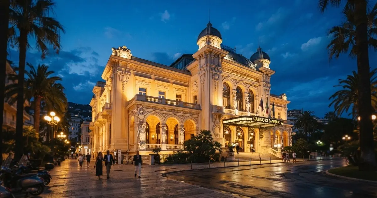 Facciata liberty del Casinò di Sanremo su Corso degli Inglesi, con palme e giardini
