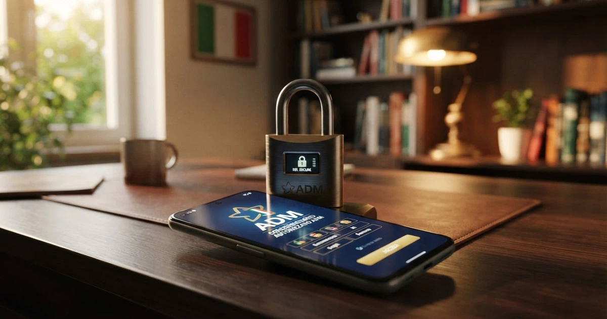 Primo piano di un lucchetto digitale sopra lo schermo di uno smartphone che mostra il logo ADM e la dicitura «Concessionario ADM» su un casinò online italiano
