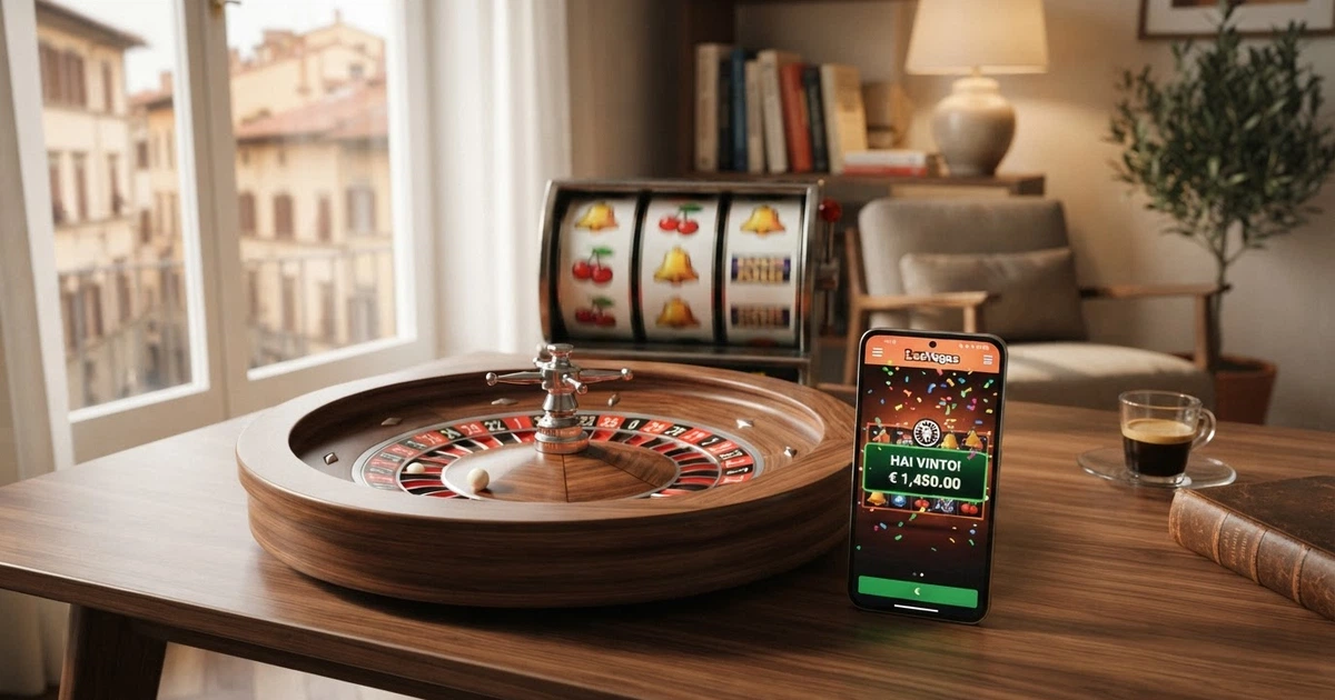 Un tavolo da roulette con il pannello delle puntate e una slot machine accesa, sullo sfondo una mano che scorre su uno smartphone