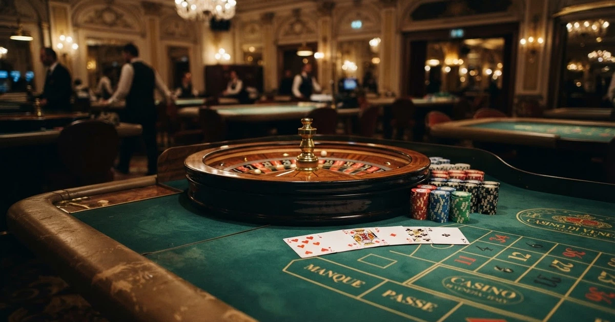 Un tavolo da casinò con fiches, carte da gioco e una roulette sullo sfondo, in un ambiente regolamentato.