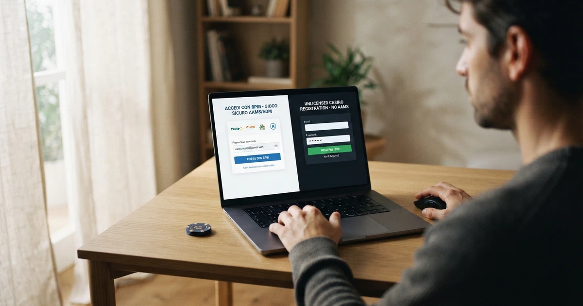 Lo schermo di un computer con due finestre affiancate: a sinistra la schermata di accesso SPID di un casinò ADM, a destra un form di registrazione essenziale con soli campi email e password su un sito offshore