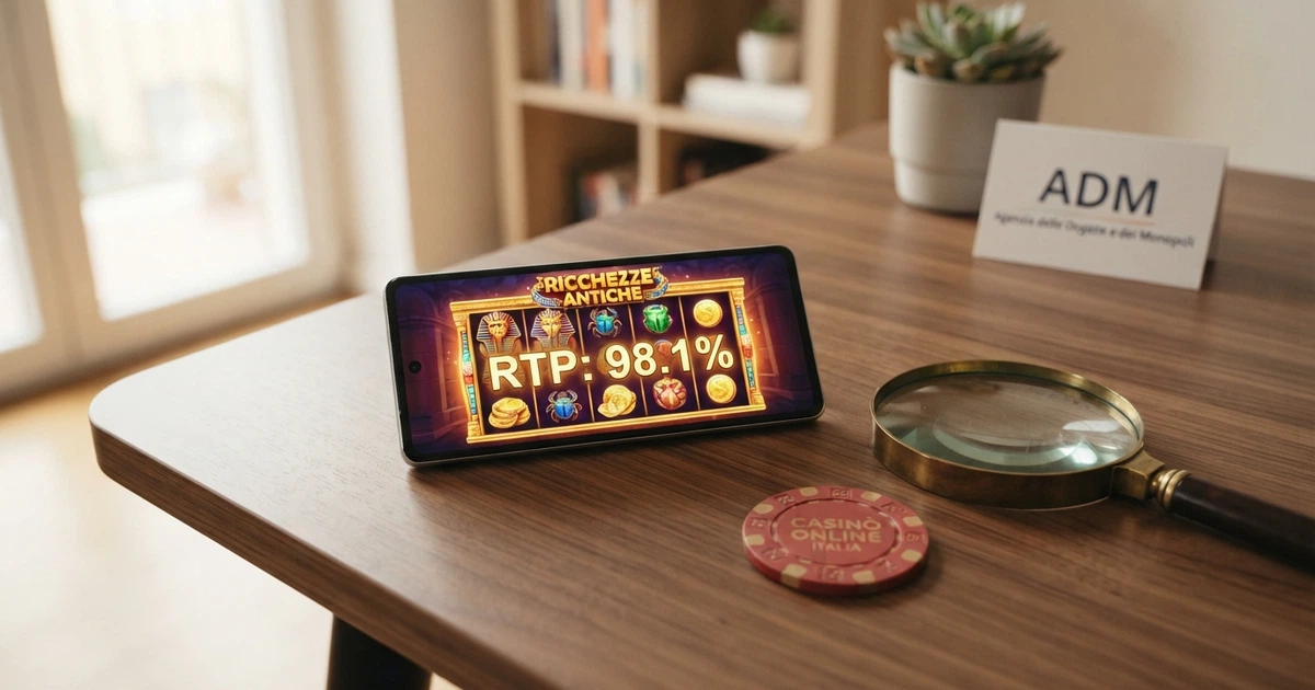 La schermata di una slot machine online con il pannello informativo dell'RTP in evidenza, affiancata dal logo ADM e da una lente di ingrandimento sul dato percentuale