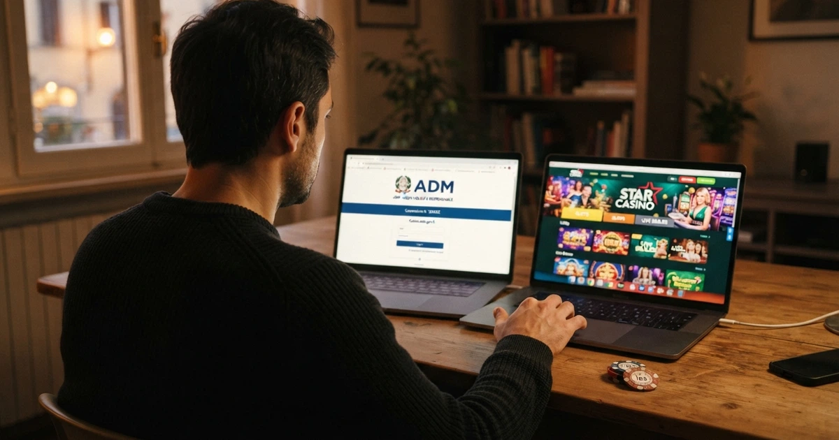 Un giocatore italiano davanti allo schermo del computer confronta due pagine di registrazione: a sinistra il portale ADM con il logo dell’Agenzia delle Dogane e dei Monopoli, a destra l’interfaccia di un casinò con licenza Curaçao