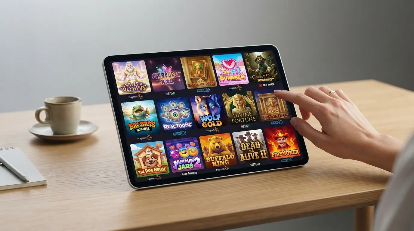 Una griglia di copertine di slot online dei principali provider (Pragmatic Play, NetEnt, Play'n GO) nella schermata di selezione giochi in modalità gratuita