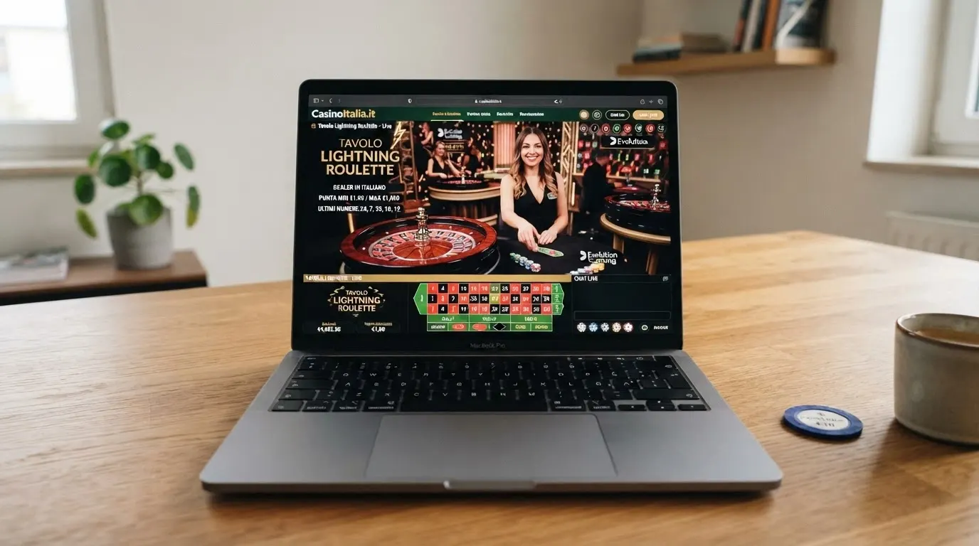 Schermata di un casinò online con licenza ADM che mostra il tavolo Lightning Roulette nel lobby live, affiancato dai loghi dei provider Evolution, Playtech e Pragmatic