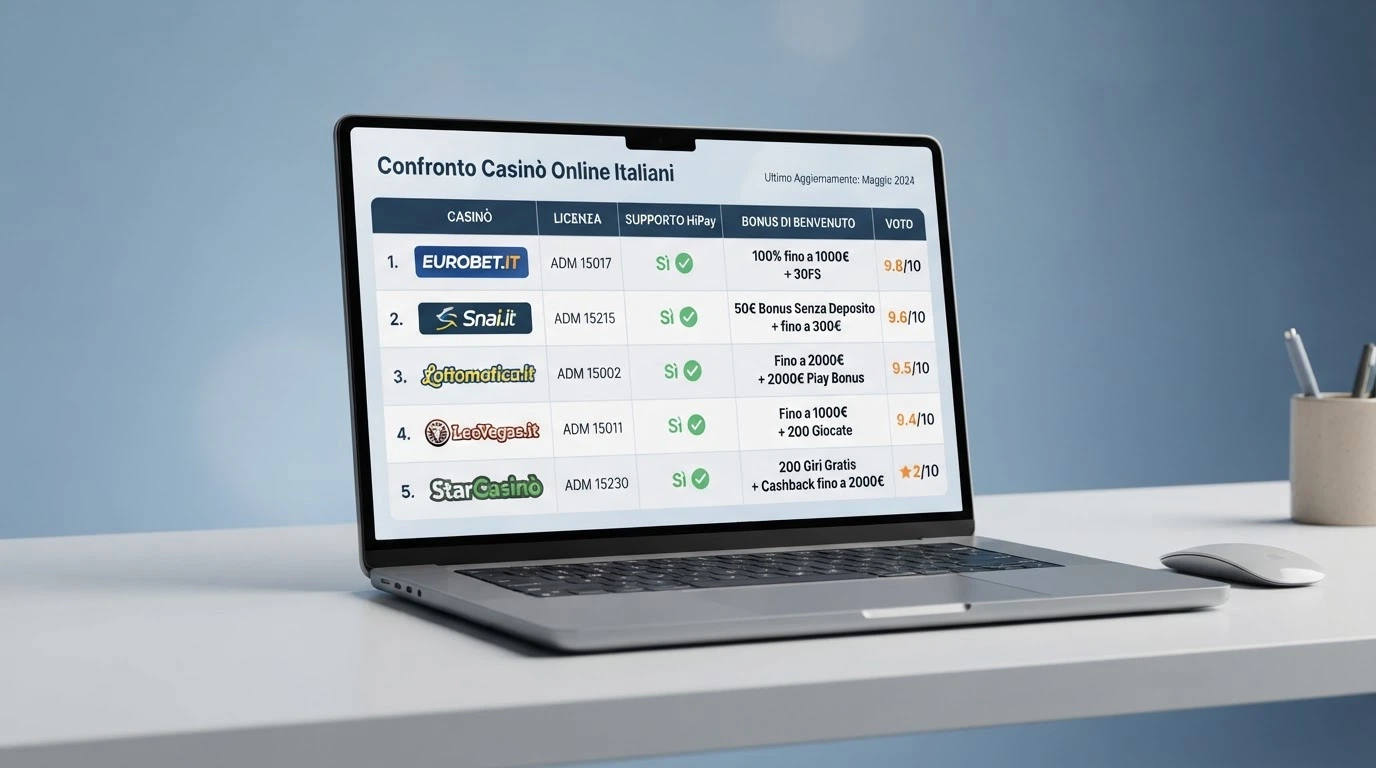 Tabella comparativa con i quattro casinò recensiti, colonne per licenza, supporto HiPay e bonus di benvenuto