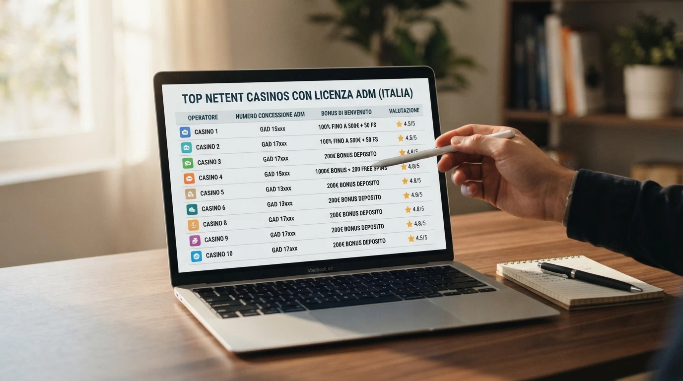 Una schermata comparativa con i loghi dei 10 casinò recensiti allineati in tabella, affiancati dai rispettivi numeri di concessione ADM e dagli importi dei bonus di benvenuto