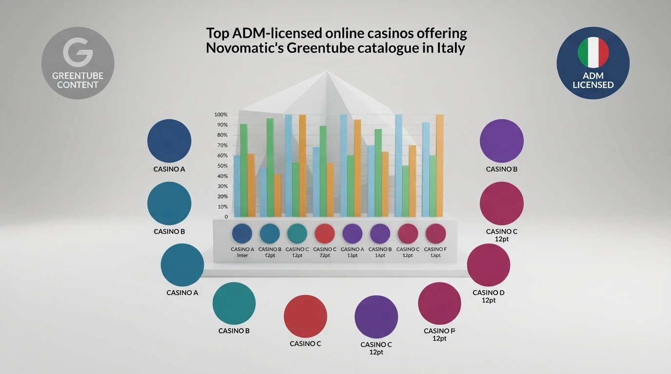 Una schermata comparativa con loghi dei casinò ADM selezionati, affiancati da icone di slot Novomatic e dal simbolo della concessione ADM