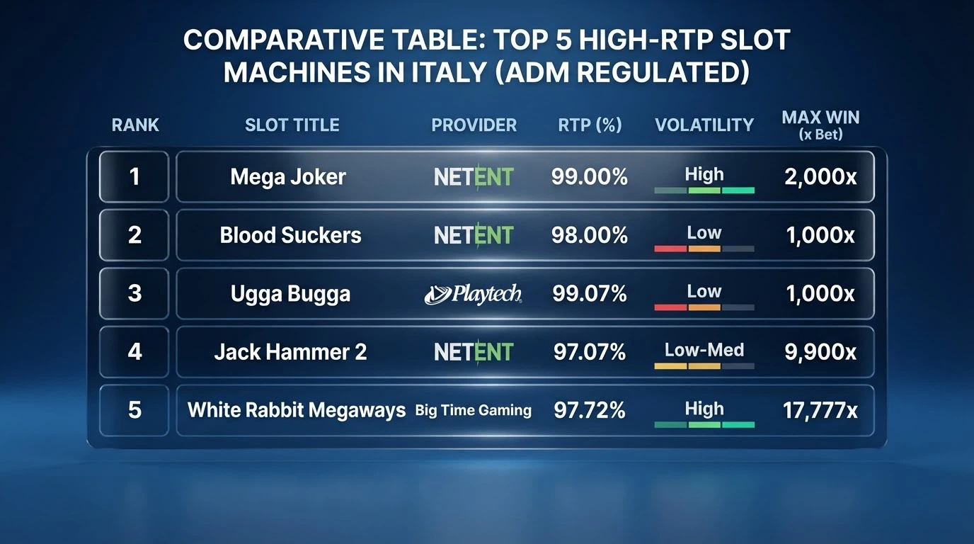 Tabella comparativa con i nomi delle cinque slot recensite e i rispettivi valori di RTP, volatilità e vincita massima