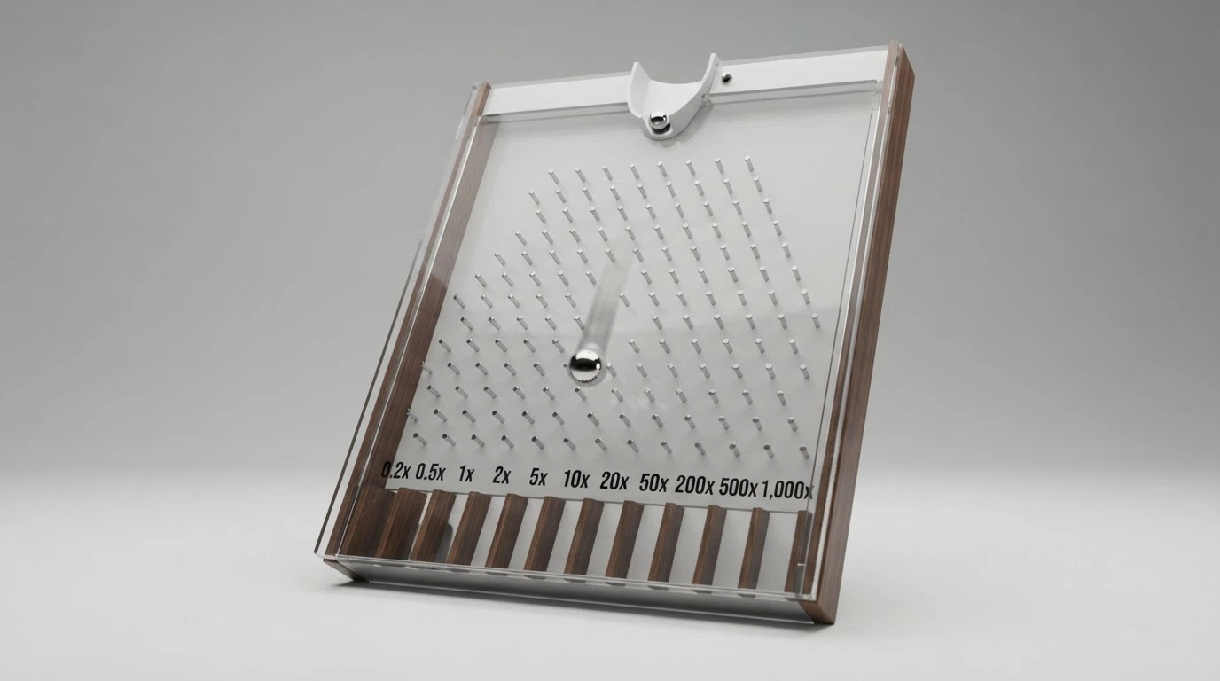 Schema ravvicinato del tabellone Plinko: piramide di pioli, zone moltiplicatore sul fondo con valori da 0,2x a 1.000x, la pallina in tre posizioni del percorso