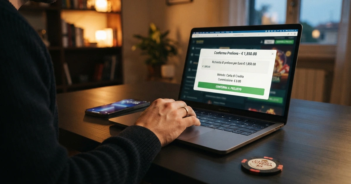 Un giocatore davanti allo schermo di un computer con l'interfaccia di prelievo di un casino online, il cursore sul pulsante di conferma dell'importo