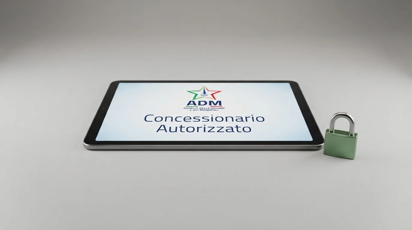 Il logo dell'Agenzia delle Dogane e dei Monopoli accanto alla dicitura «Concessionario Autorizzato» visualizzata su uno schermo, con un lucchetto verde stilizzato