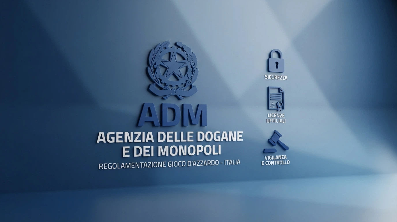Logo ADM (Agenzia delle Dogane e dei Monopoli) accanto a icone di lucchetto, scudo e documento di concessione, sfondo blu istituzionale