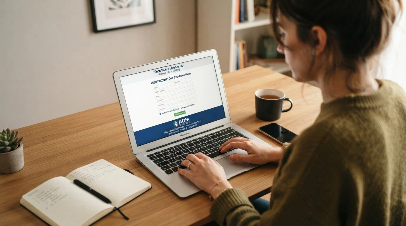Lo schermo di registrazione di un casinò live ADM con l'indicazione del numero di concessione in evidenza, il logo ADM visibile nel footer e la spunta di verifica del dominio .it