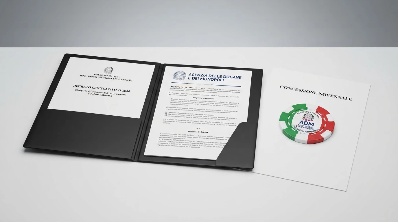 Una scrivania con i documenti ufficiali dell'Agenzia delle Dogane e dei Monopoli, il testo del Decreto Legislativo 41/2024 e il logo ADM in evidenza