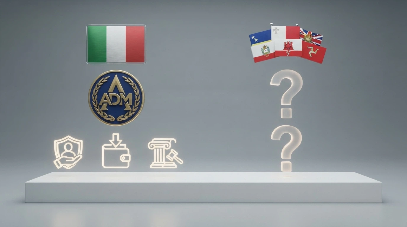 Un'illustrazione a colonne affiancate: a sinistra la bandiera italiana con il logo ADM e voci come RUA e limiti di deposito; a destra le bandiere di Curaçao e Malta con punti interrogativi sulle tutele