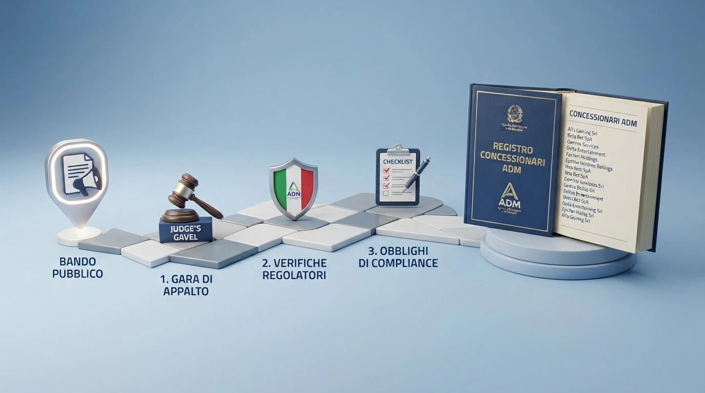 Un'infografica che illustra il percorso di una concessione ADM: dal bando pubblico all'elenco ufficiale dei concessionari, passando per i controlli e gli obblighi normativi