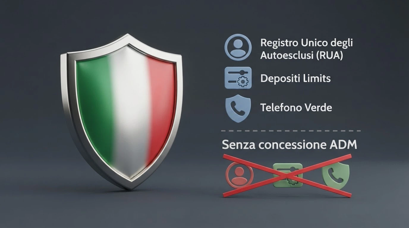 Il logo ufficiale dell'Agenzia delle Dogane e dei Monopoli accanto alle icone delle tutele del giocatore (RUA, limiti di deposito, Telefono Verde), separate da una linea tratteggiata dalle stesse icone barrate di rosso sotto la dicitura «Senza concessione ADM».