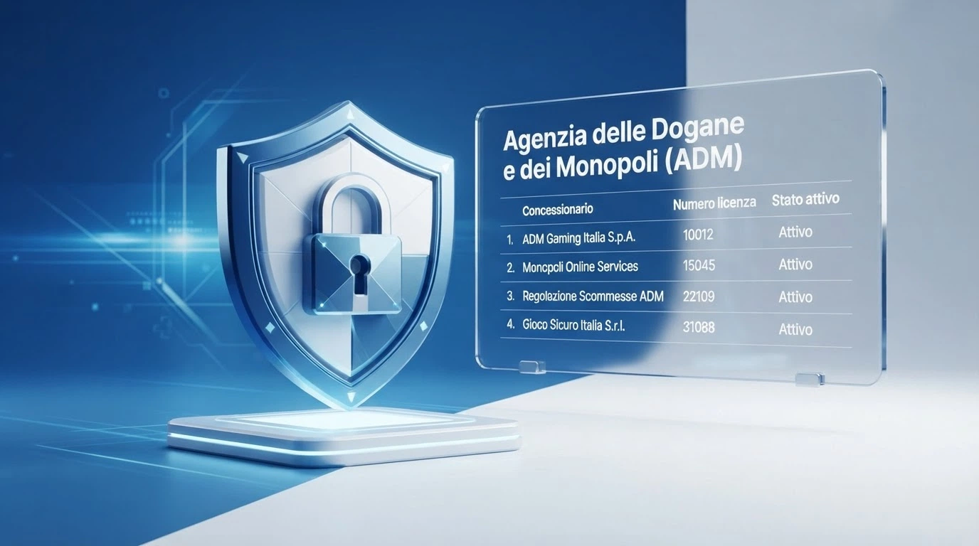 Il logo istituzionale dell'Agenzia delle Dogane e dei Monopoli (ADM) e un rendering del registro pubblico dei concessionari autorizzati al gioco a distanza