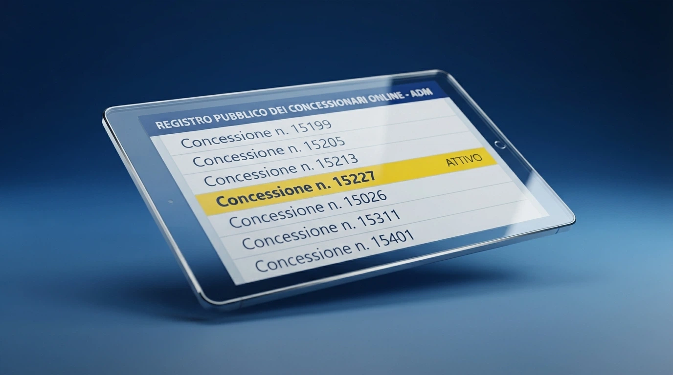 Uno screenshot del registro pubblico ADM dei concessionari del gioco a distanza con alcuni numeri di concessione evidenziati in giallo.