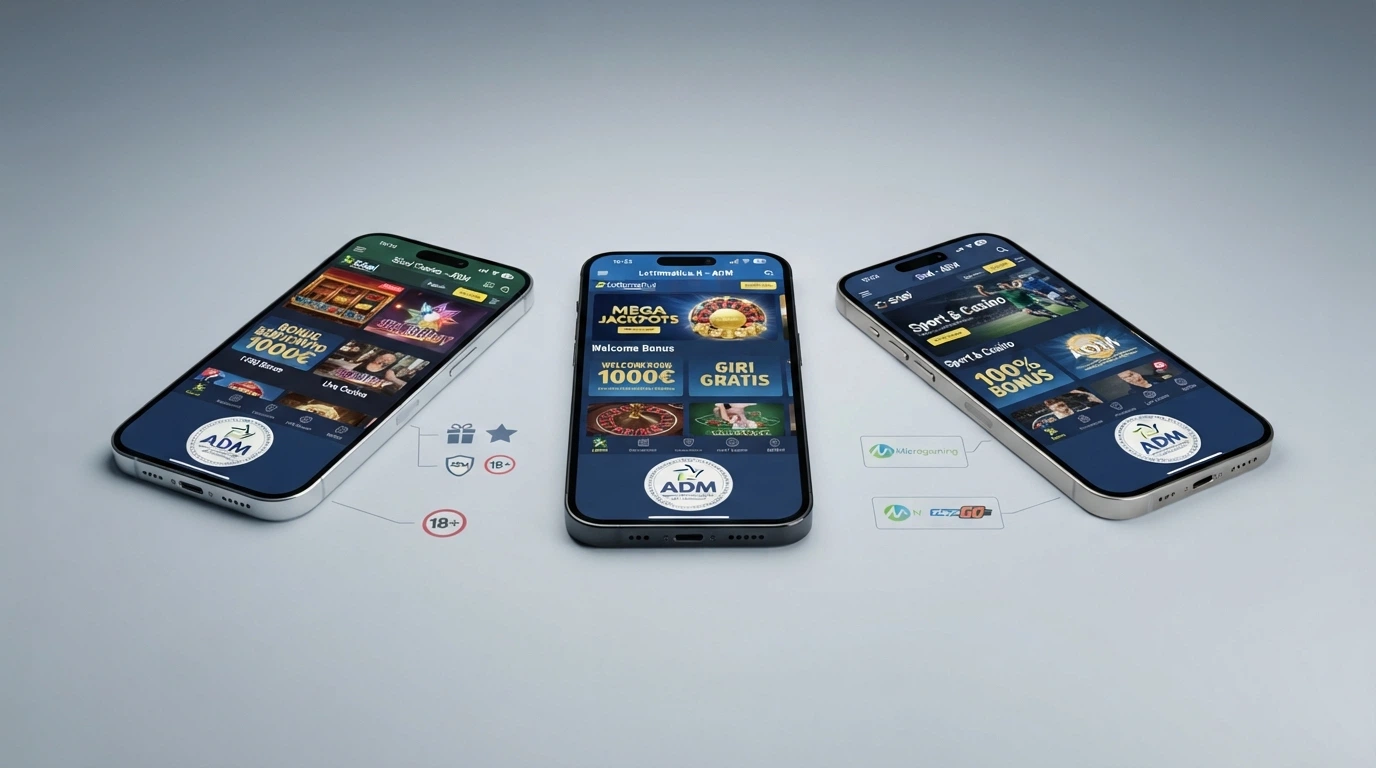 Una schermata comparativa che affianca le icone delle app casinò ADM su uno sfondo di iPhone, con elementi grafici che richiamano bonus e licenze.