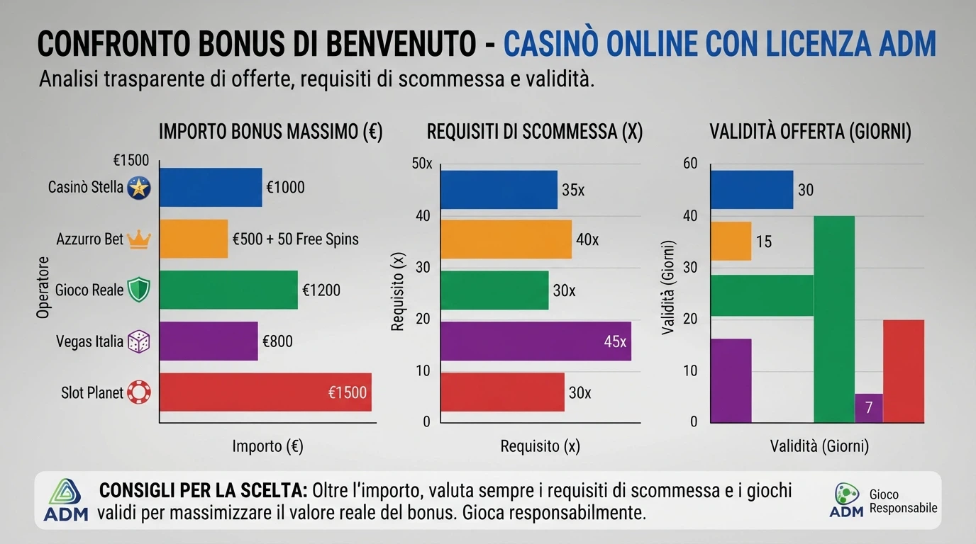Interfaccia di confronto tra le offerte di bonus di benvenuto di diversi casinò ADM con rollover, validità e importi affiancati