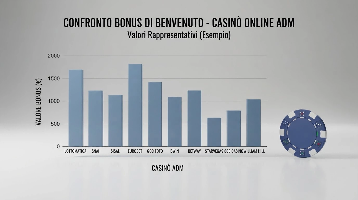 Una tabella affianca i loghi di dieci casinò ADM con a fianco il tipo di bonus, la percentuale, il wagering e la validità