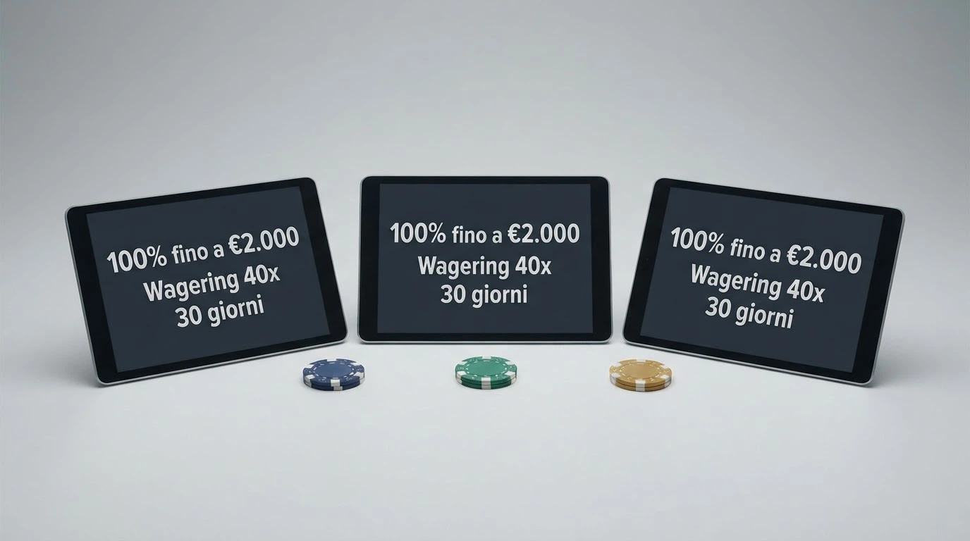 Tabella comparativa con i loghi dei casinò ADM affiancati da bonus, wagering e validità in evidenza