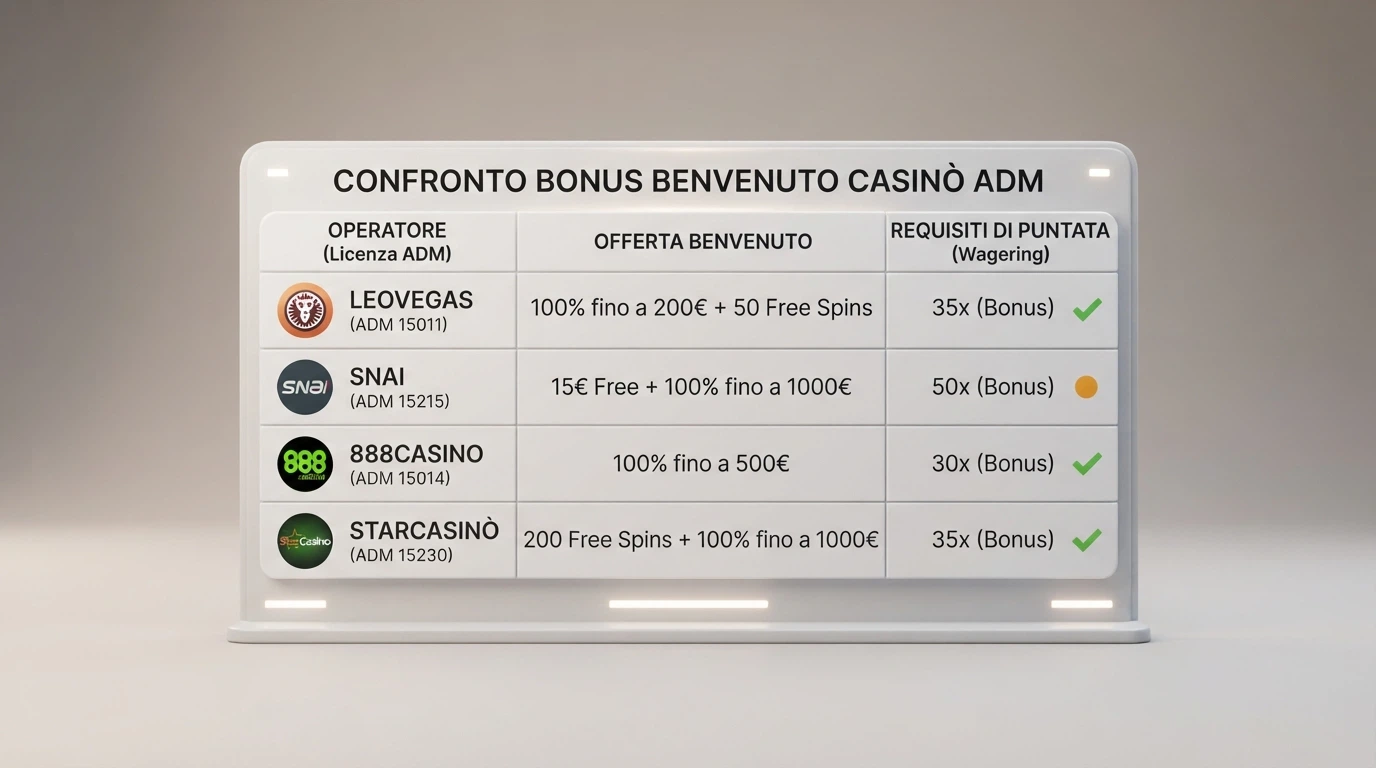Una tabella comparativa con i loghi dei principali casinò online ADM, affiancati dai rispettivi bonus di benvenuto e requisiti di scommessa