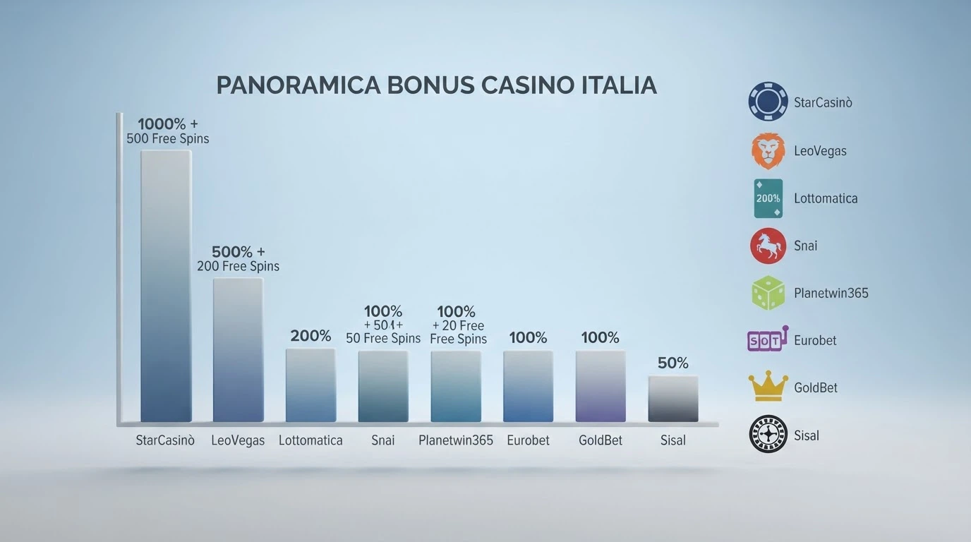 Una tabella comparativa stilizzata con le icone dei casinò ADM e i rispettivi moltiplicatori (100%, 200%) affiancati da un grafico a barre
