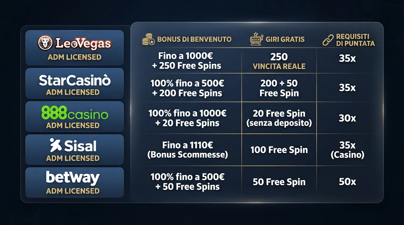 Una tabella comparativa stilizzata con loghi di casinò, importi bonus e icone di free spin