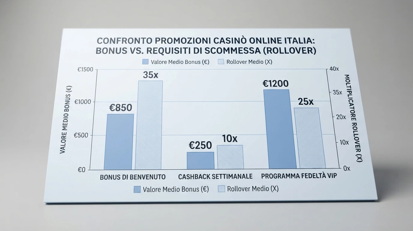 Una tabella comparativa con dieci righe corrispondenti ad altrettanti casinò online e colonne per licenza, bonus, giri gratuiti, rollover e validità.