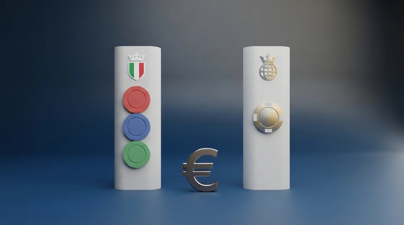 Una tabella visiva affianca i simboli dei bonus senza deposito dei concessionari ADM (SPID, importo, wagering) e dei casinò esteri (licenza Curaçao, cap prelievo) con il simbolo dell’euro al centro