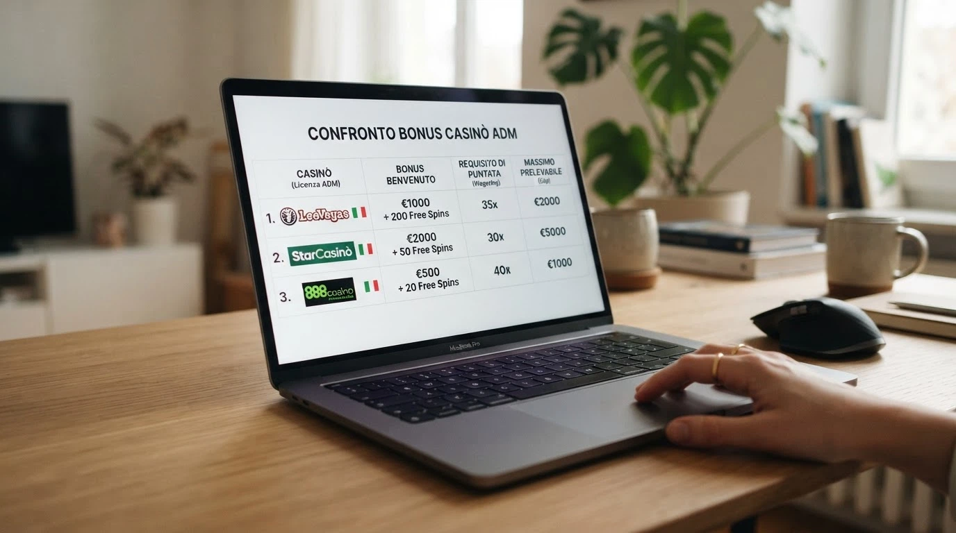 Una tabella comparativa stilizzata con i nomi dei principali concessionari ADM e, accanto, l'importo del bonus senza deposito, il wagering e il cap — i valori reali che contano più della cifra sul banner.