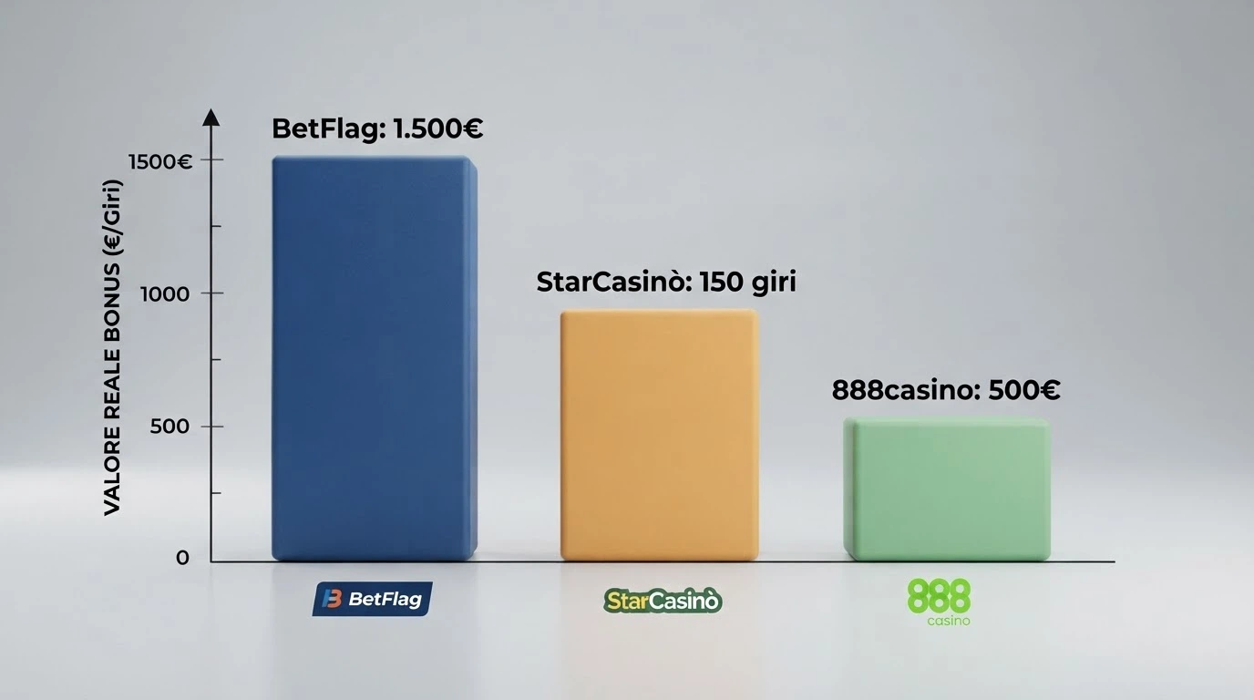 Tabella comparativa con i loghi dei casinò ADM e i rispettivi bonus senza deposito, wagering e validità