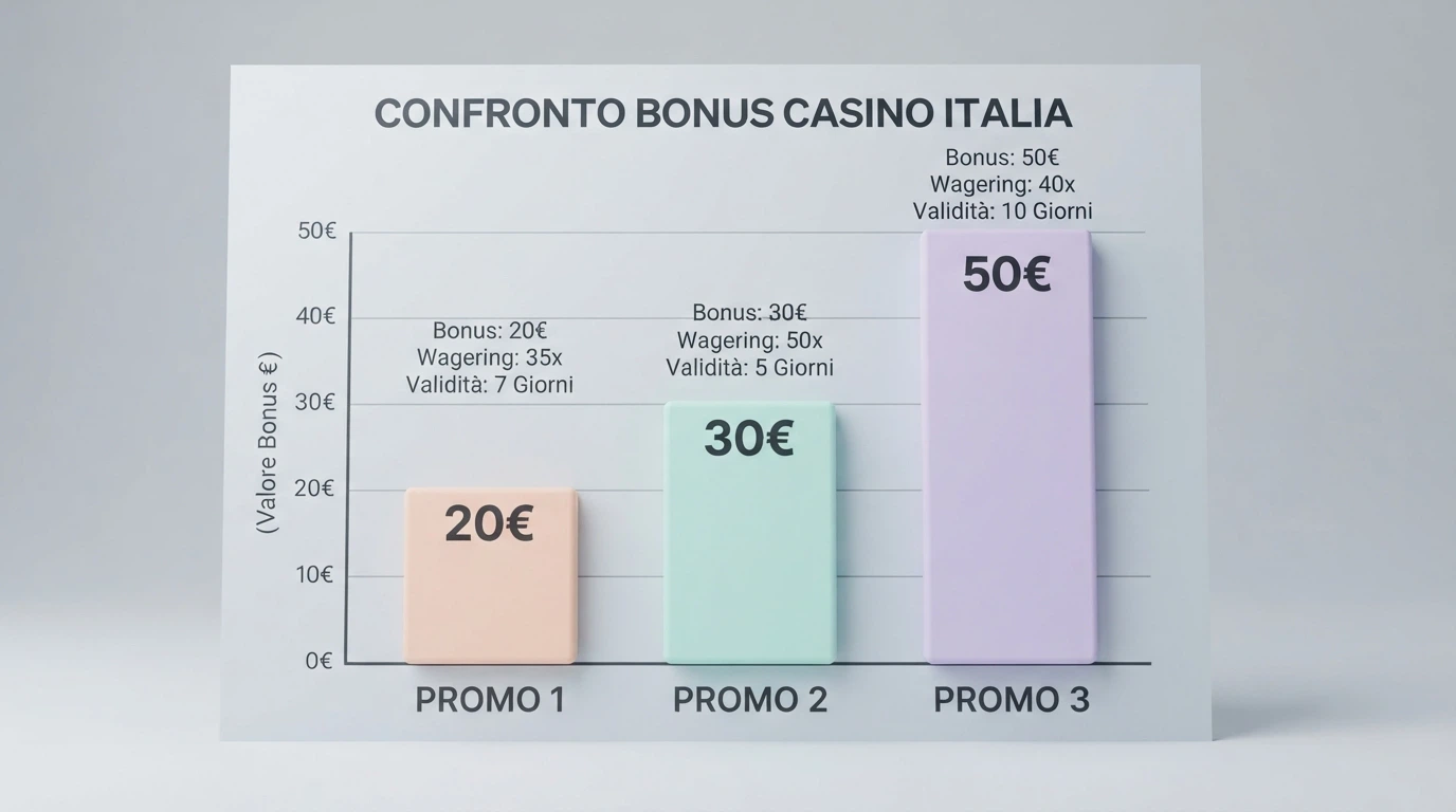 Una tabella comparativa stilizzata con i nomi dei principali casinò italiani, gli importi dei bonus senza deposito e le condizioni di wagering disposti su colonne affiancate