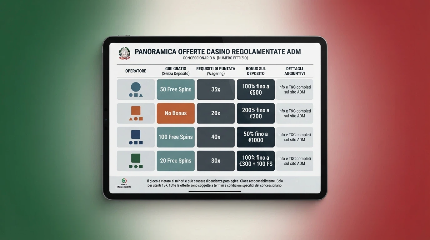 Una tabella comparativa stilizzata con i loghi dei casinò ADM affiancati su uno schermo, sovrapposta a una grafica che richiama il tricolore italiano