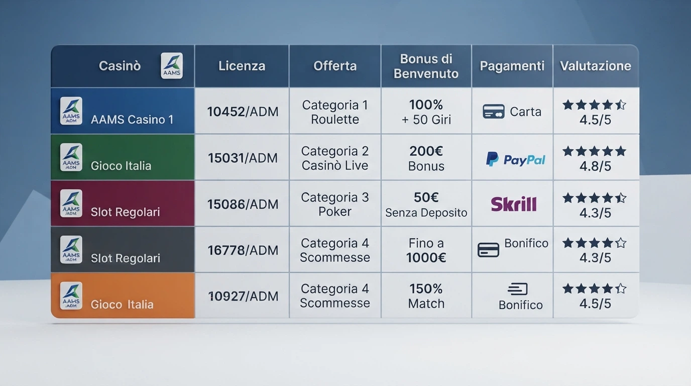 Una tabella comparativa con i nomi, i loghi e le caratteristiche principali dei 10 casinò ADM analizzati in questa guida.