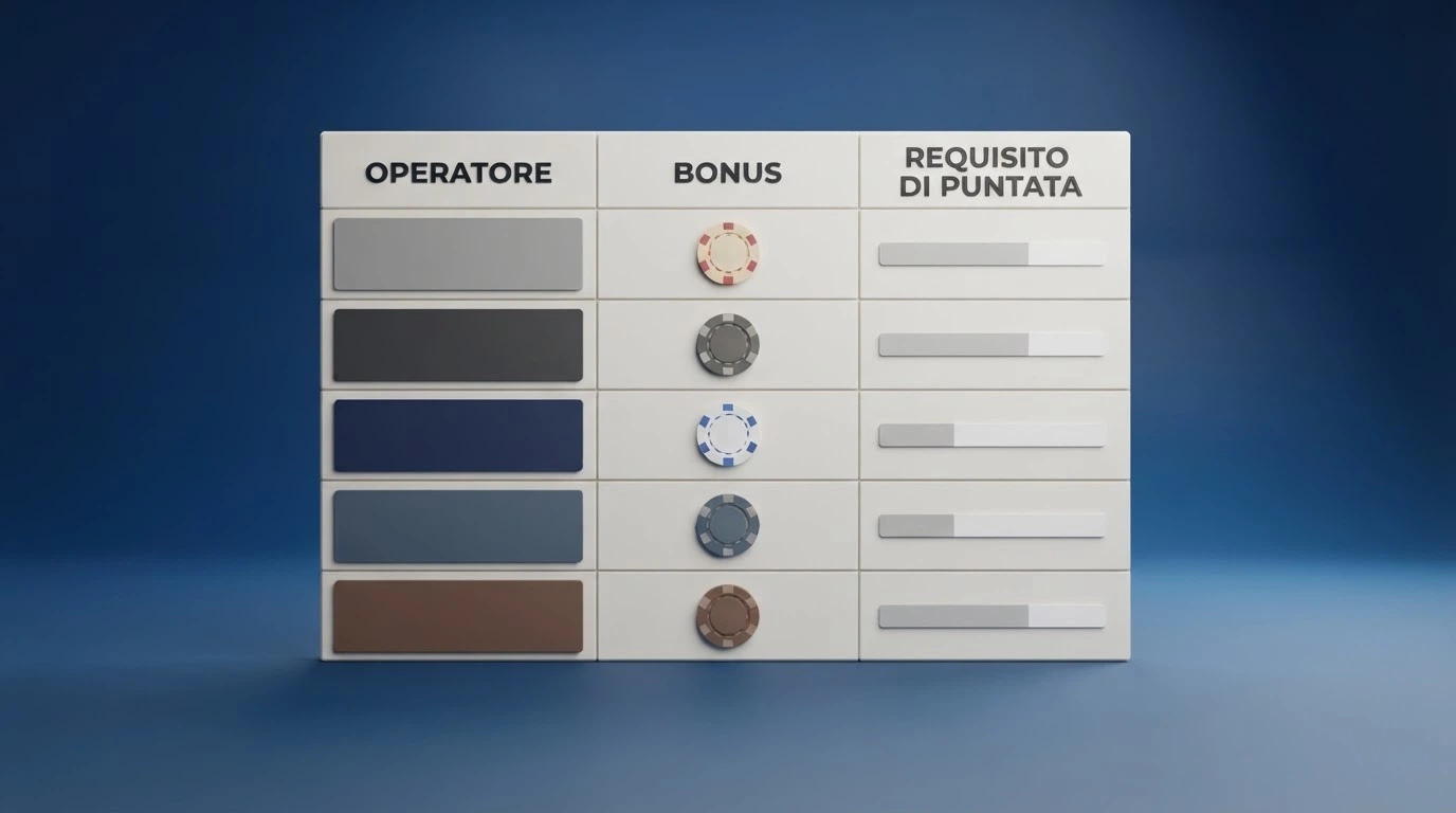 Una tabella comparativa stilizzata con le colonne operatore, bonus, wagering e free spin, accanto alle icone delle criptovalute accettate