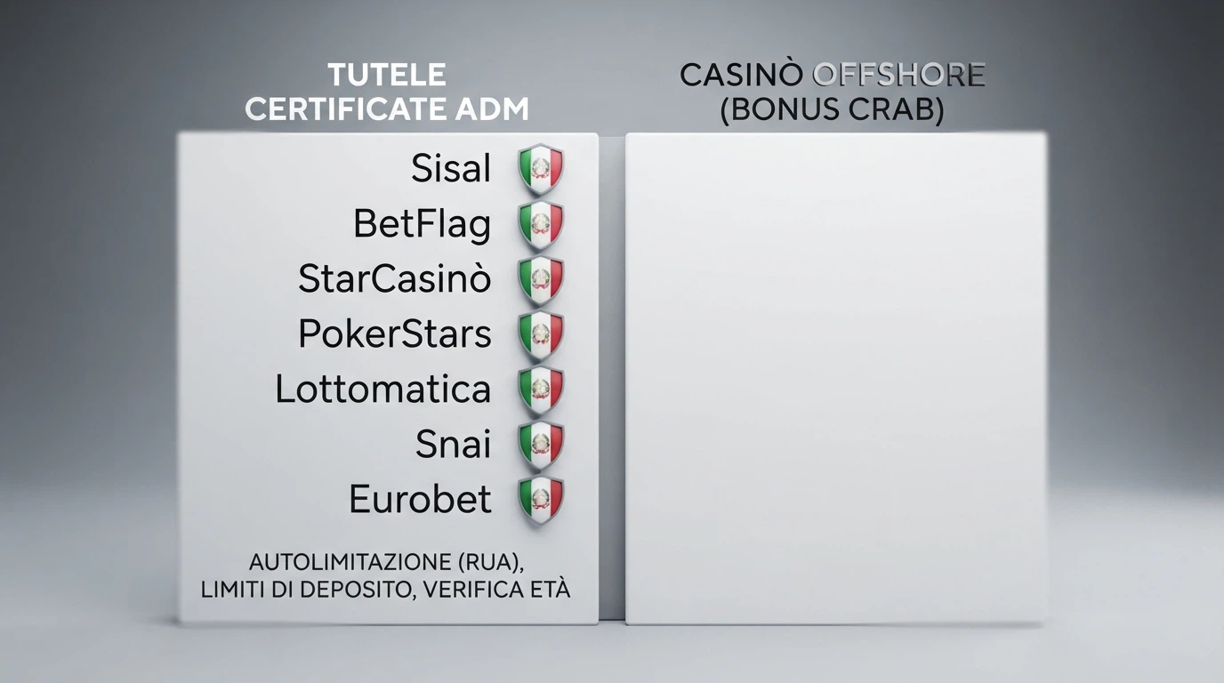 Tabella comparativa con operatori in riga e colonne per concessione, Bonus Crab, bonus di benvenuto e wagering