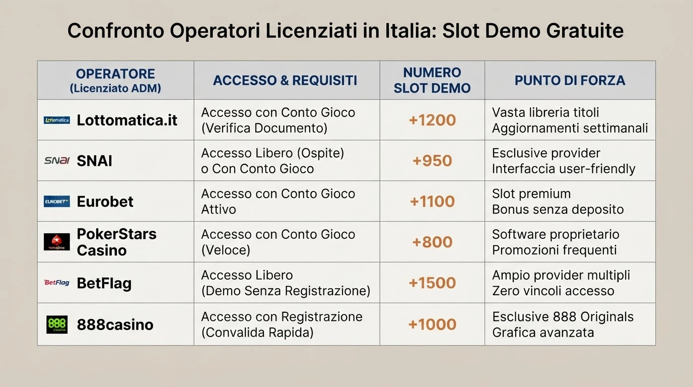 Griglia comparativa con nomi degli operatori, concessione ADM e numero di slot in catalogo demo