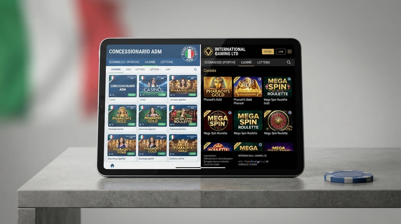 Schede di due casinò affiancate: a sinistra un concessionario ADM con logo ADM visibile, a destra un operatore con licenza Curaçao
