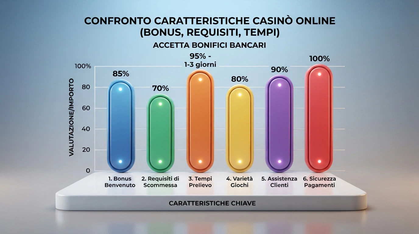 Tabella comparativa dei principali casinò con licenza ADM che accettano il bonifico bancario, con bonus di benvenuto e condizioni