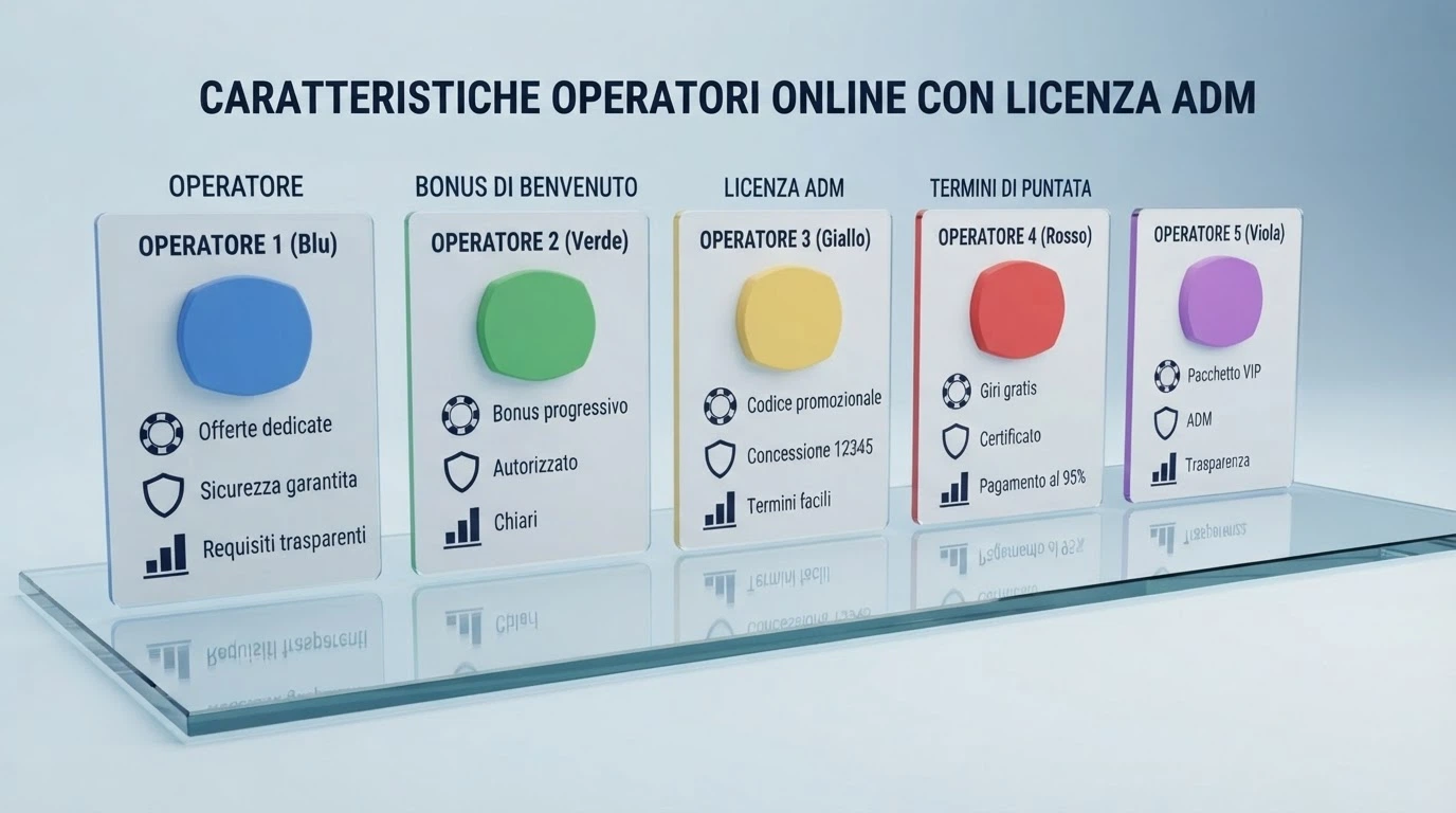 Una tabella comparativa stilizzata con le licenze ADM, i loghi dei concessionari e le icone dei bonus — un colpo d'occhio sul mercato legale