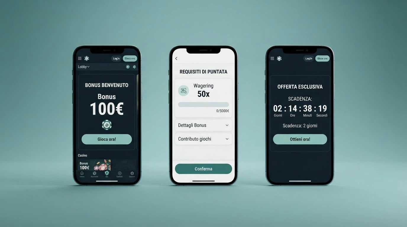 Una schermata di confronto tra diverse offerte di casinò online con loghi, importi di bonus e condizioni in evidenza
