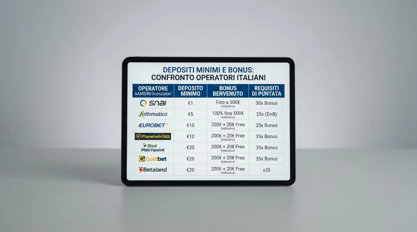 Tabella comparativa con le colonne operatore, deposito minimo, bonus di benvenuto e requisito scommessa per i 10 casinò ADM analizzati.