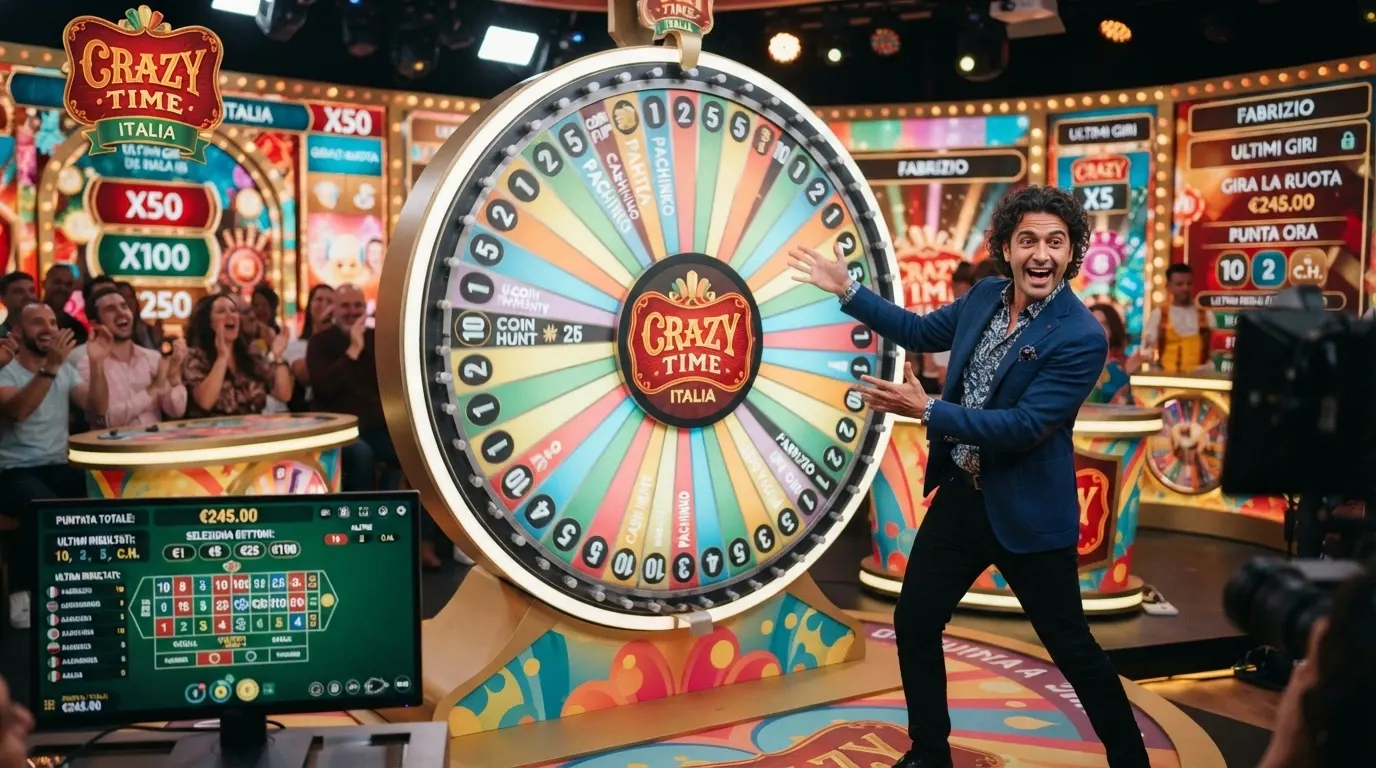 La ruota di Crazy Time in primo piano con il conduttore in piedi accanto, lo studio colorato di Evolution a Malta sullo sfondo, luci da game show televisivo e l'interfaccia di puntata visibile
