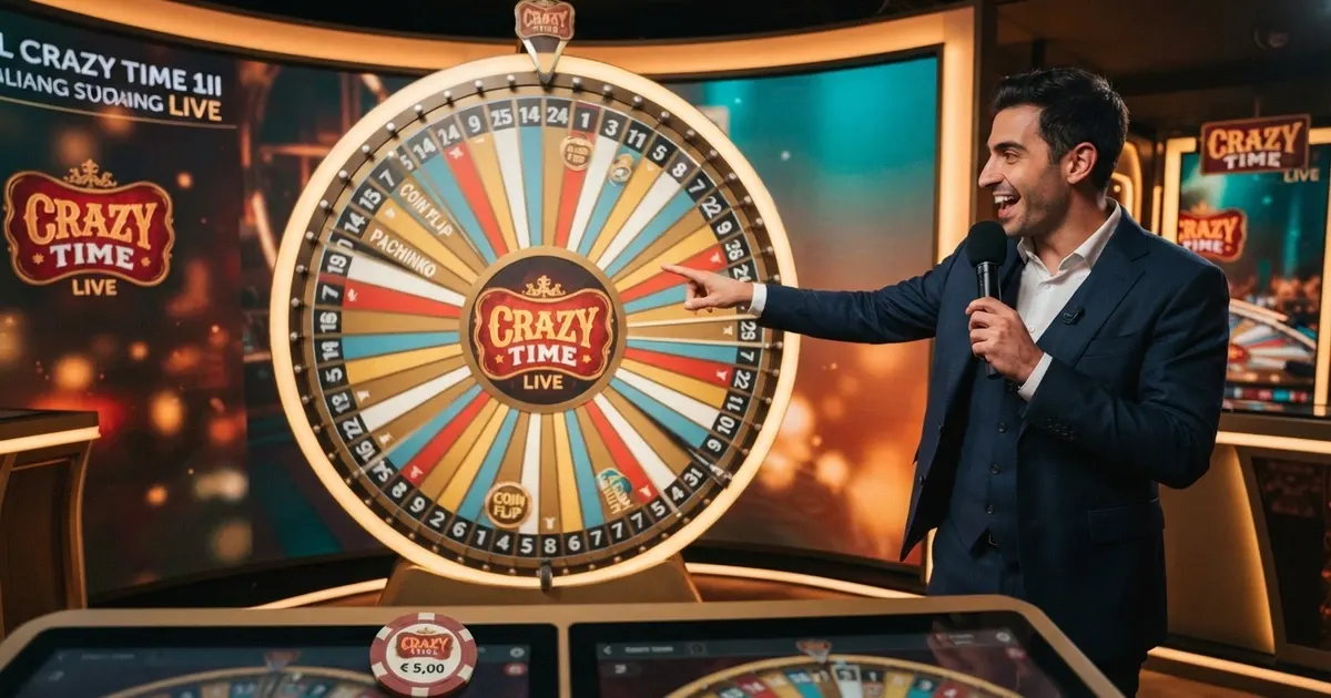 Ruota della fortuna di Crazy Time con presentatore in studio live, tavolo da gioco e interfaccia delle puntate
