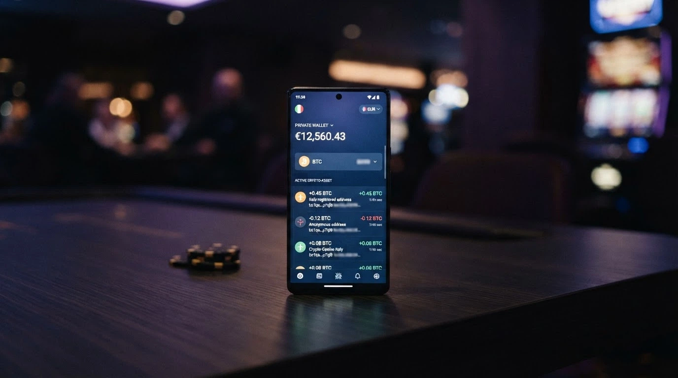 L'interfaccia di un wallet di criptovalute con transazioni in Bitcoin e Monero in entrata e in uscita verso un casinò online