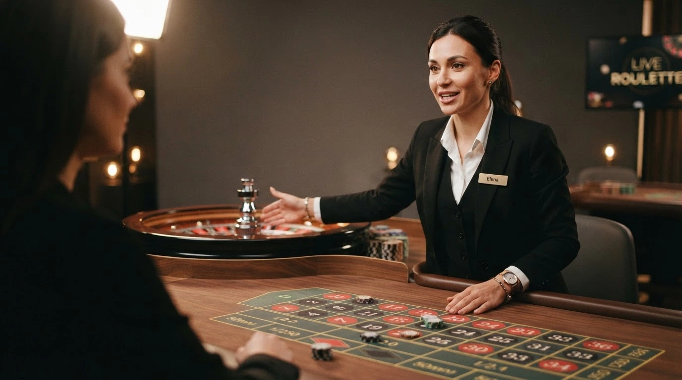 Un croupier in primo piano mentre annuncia le puntate in italiano, con la ruota alle sue spalle e l'interfaccia di gioco visibile sullo schermo